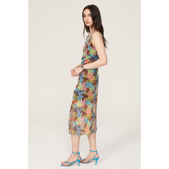 Saunders Collective Multicolor Floral Mesh Sleeveless Ruched Midi Dress Size 6 - Picture 4 of 16
